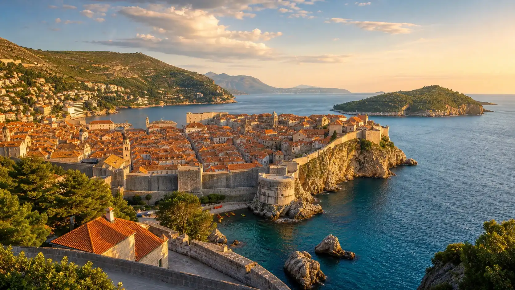 Dubrovnik Old Town and the Adriatic Sea with Lokrum Island beyond at golden hour