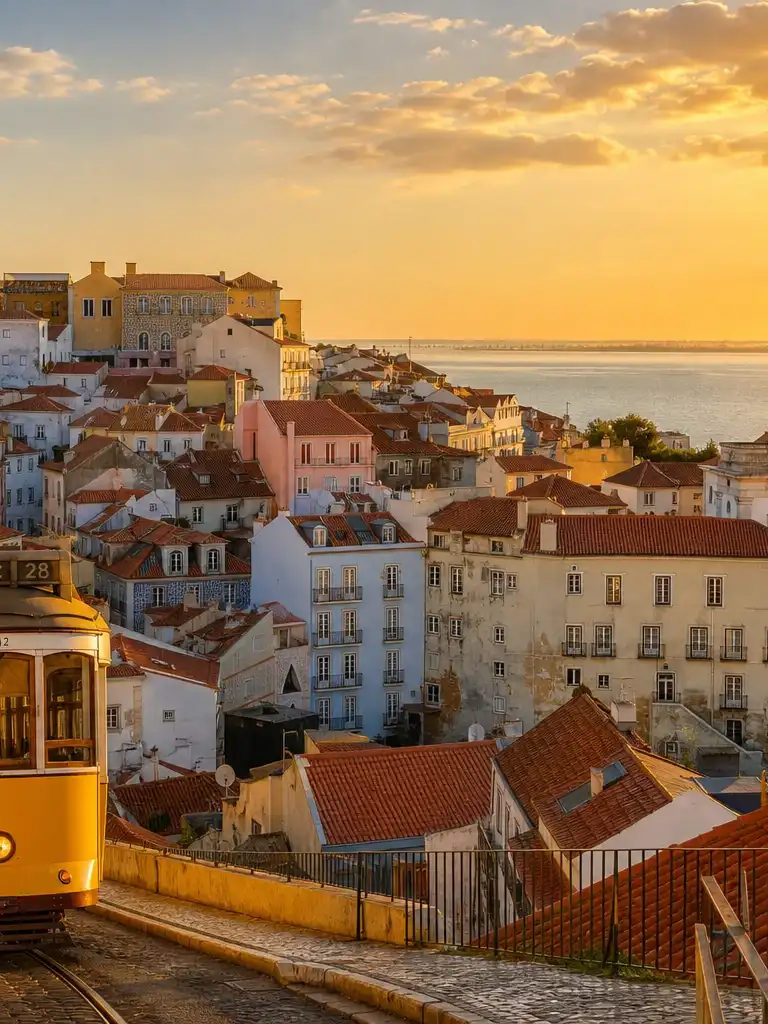 Lisbon rooftops stepping down a hill toward the Tagus River