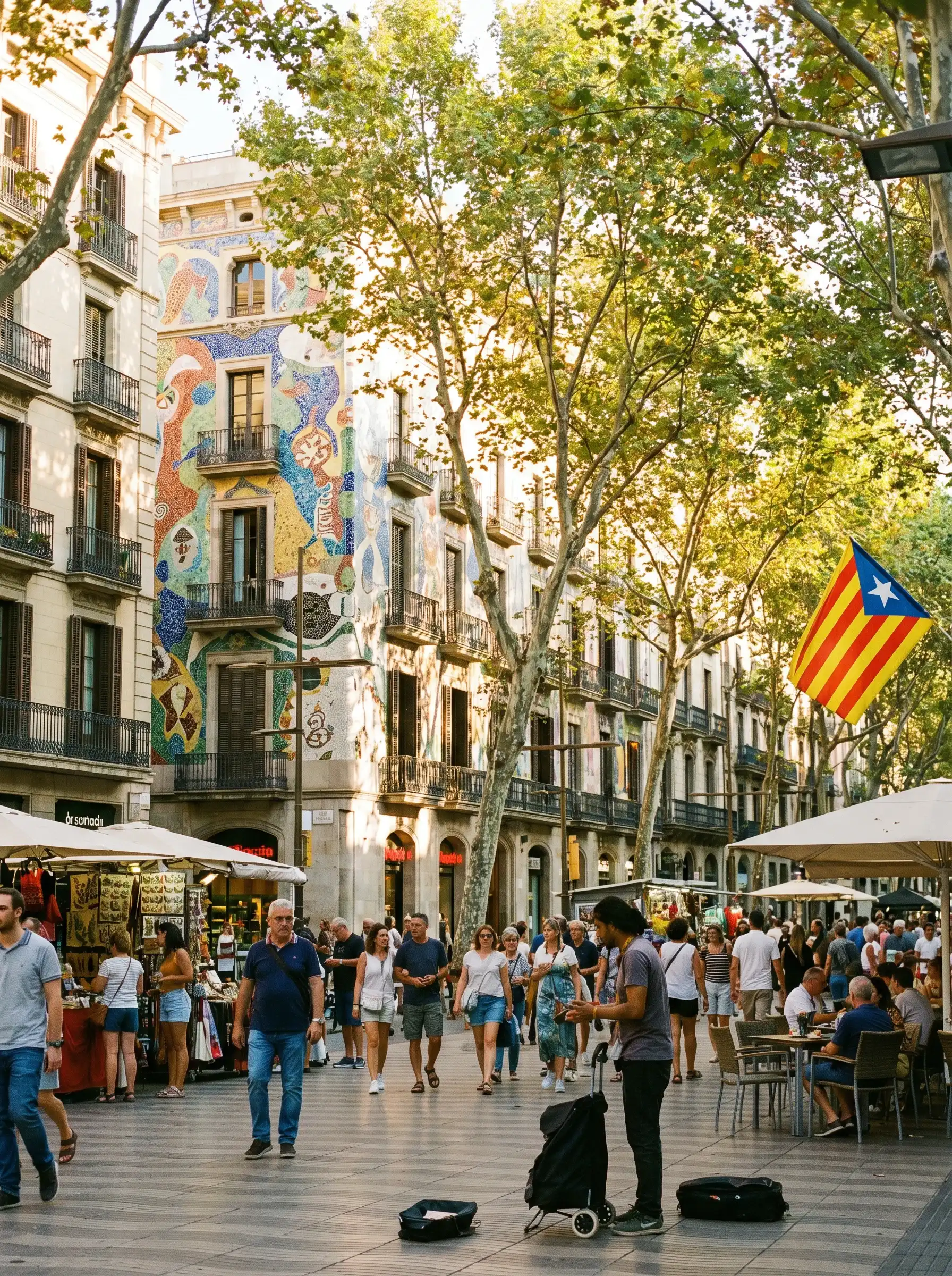 Spanish city street with balconies and flags