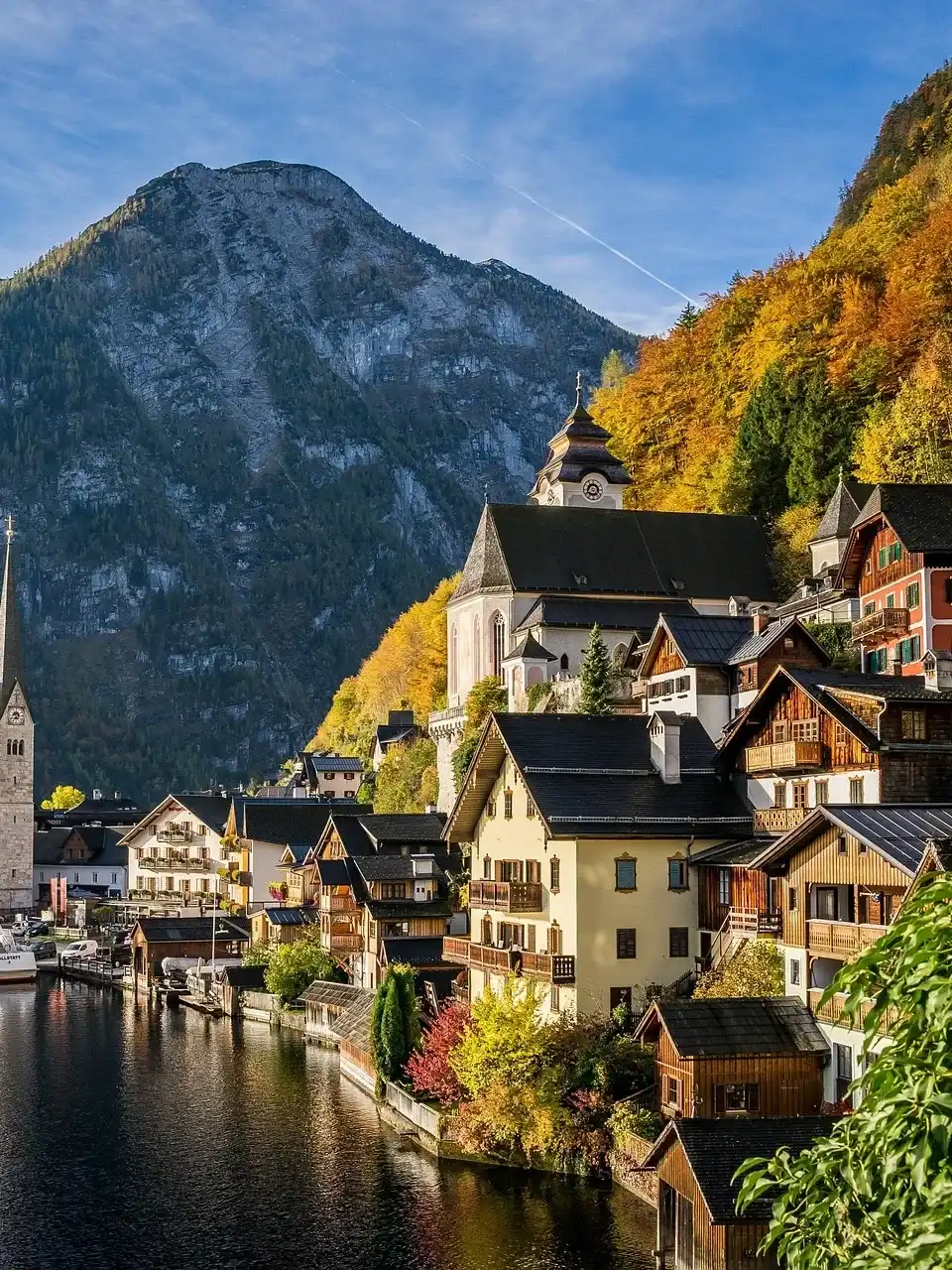 Hallstatt village and lake framed by Austrian alpine mountains
