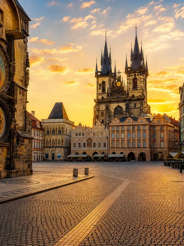Prague rooftops and Gothic spires in soft evening light