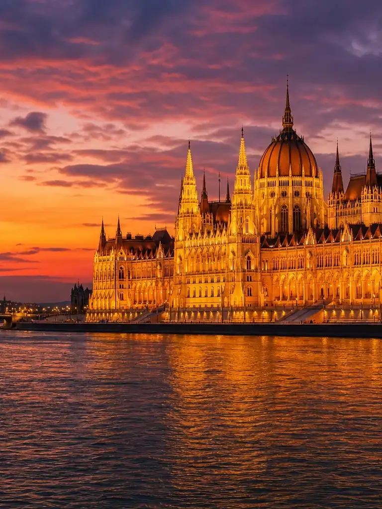 Budapest Parliament and the Danube seen from above at dusk