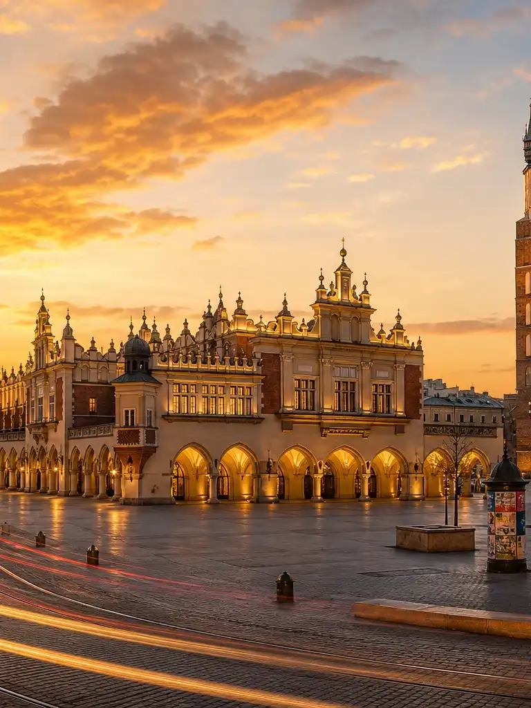 Krakow Market Square and St. Mary's Basilica glowing after sunset