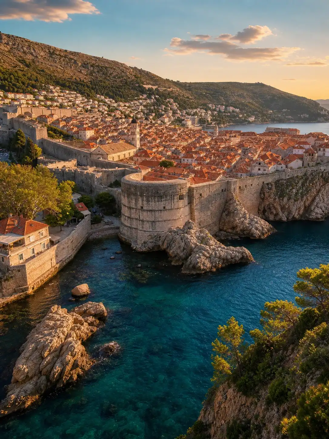 Dubrovnik city walls and terracotta rooftops above the Adriatic in warm evening light