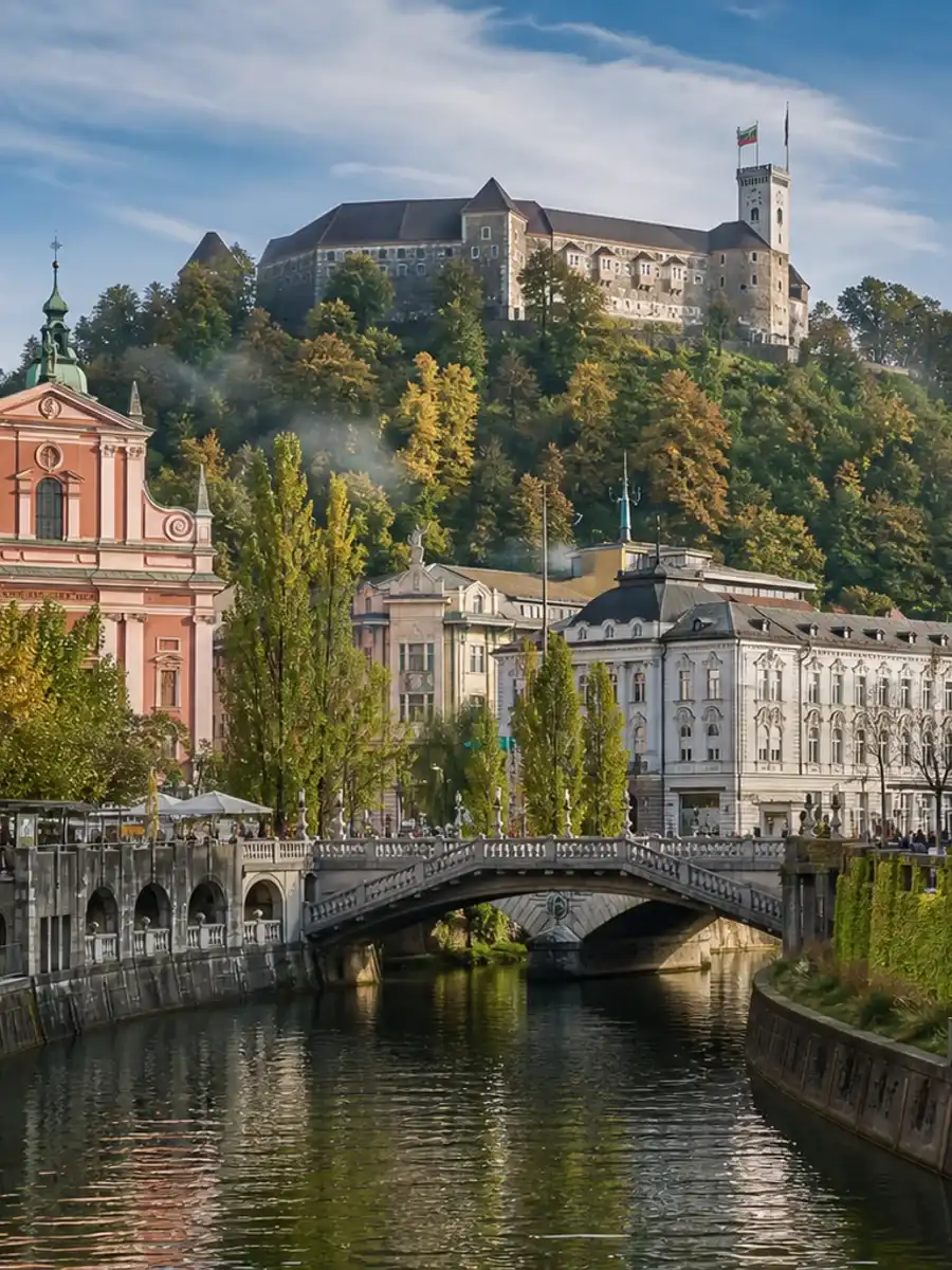 Ljubljana Castle above the Ljubljanica River and central city rooftops