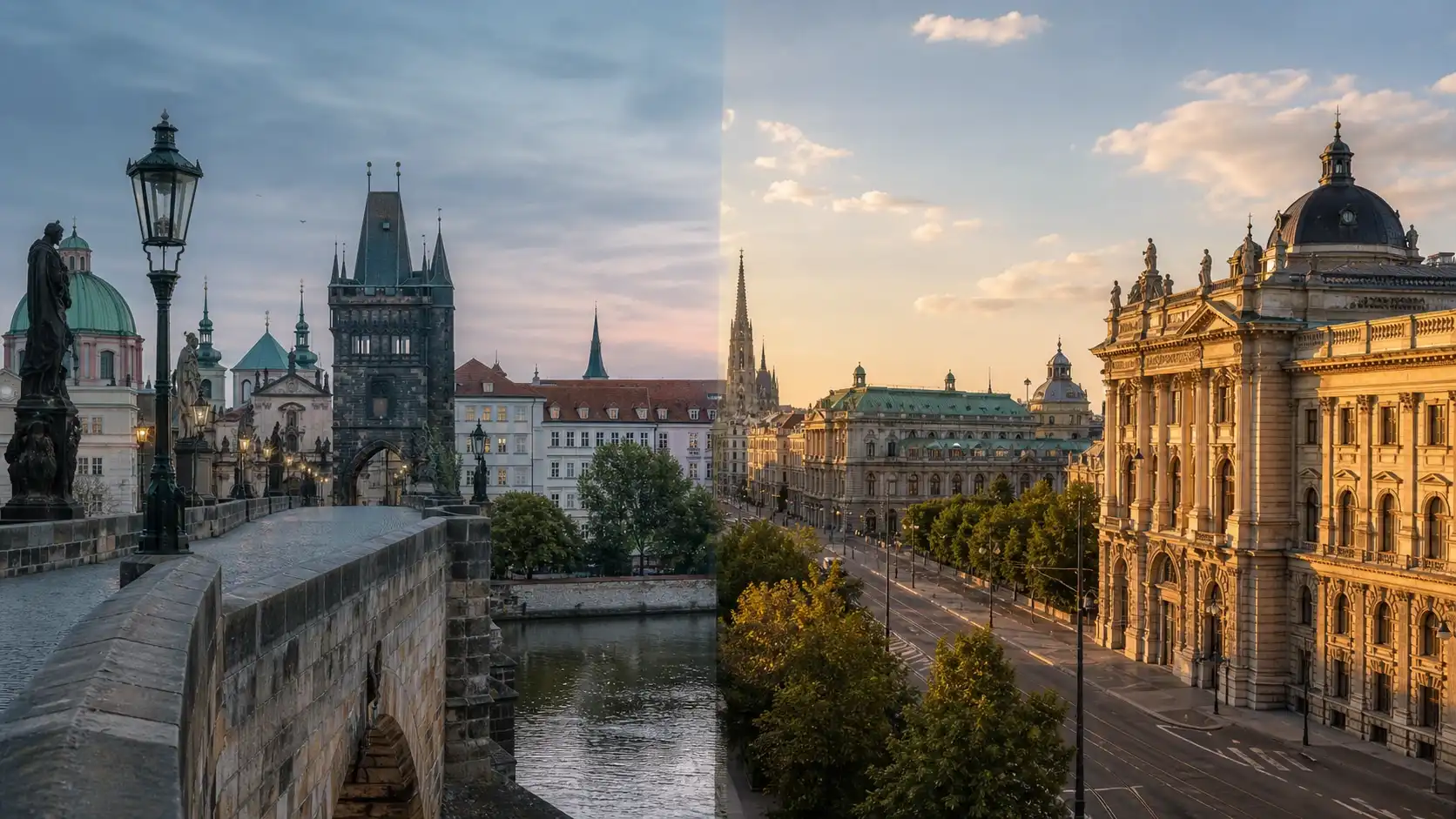 Prague and Vienna comparison image with iconic architecture from both cities
