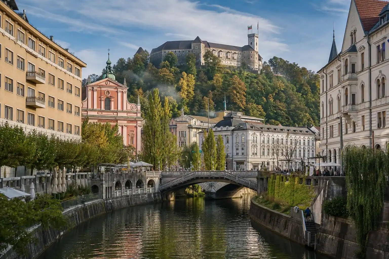 Ljubljana Castle above the riverfront and historic center