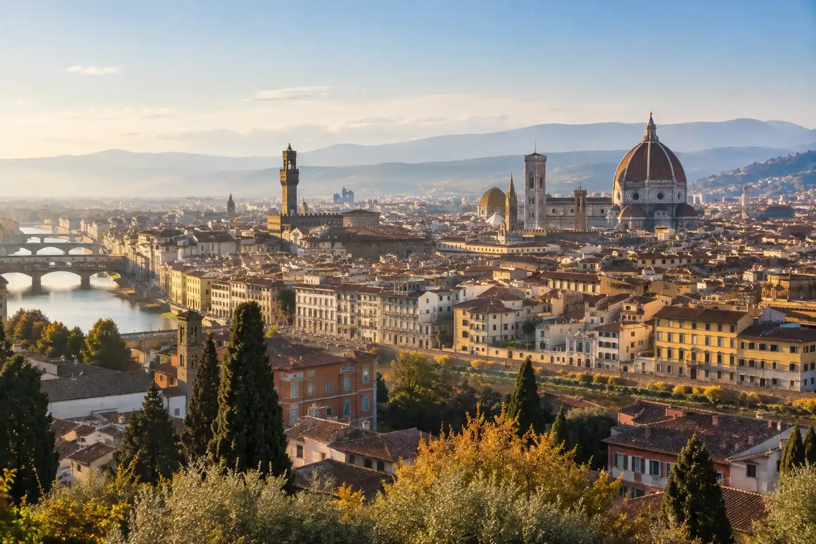 Florence skyline in warm morning light with the Duomo above terracotta roofs
