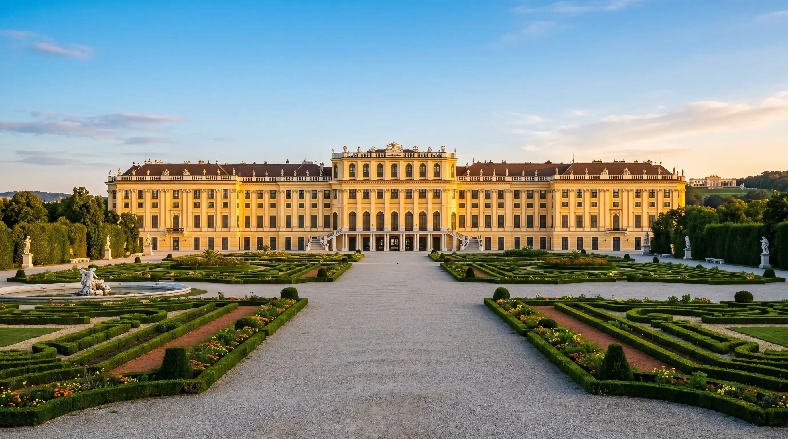 Schonbrunn Palace Vienna at golden hour with formal gardens and blue sky