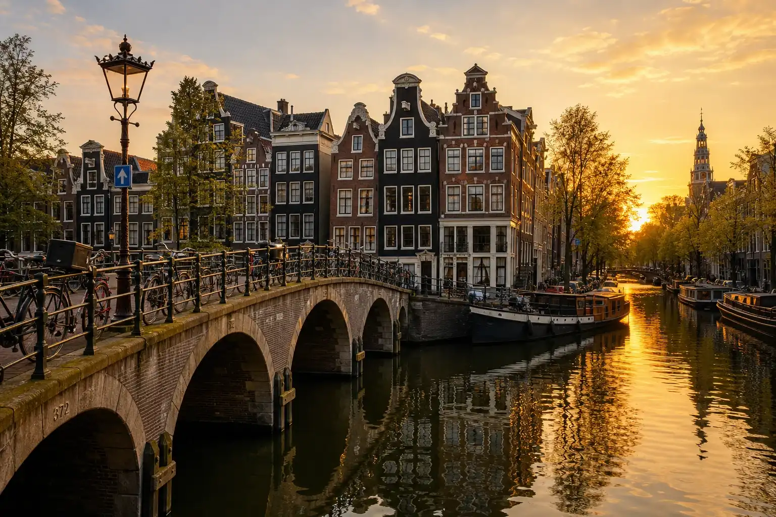 Amsterdam canal houses at golden hour with bicycles on the bridge