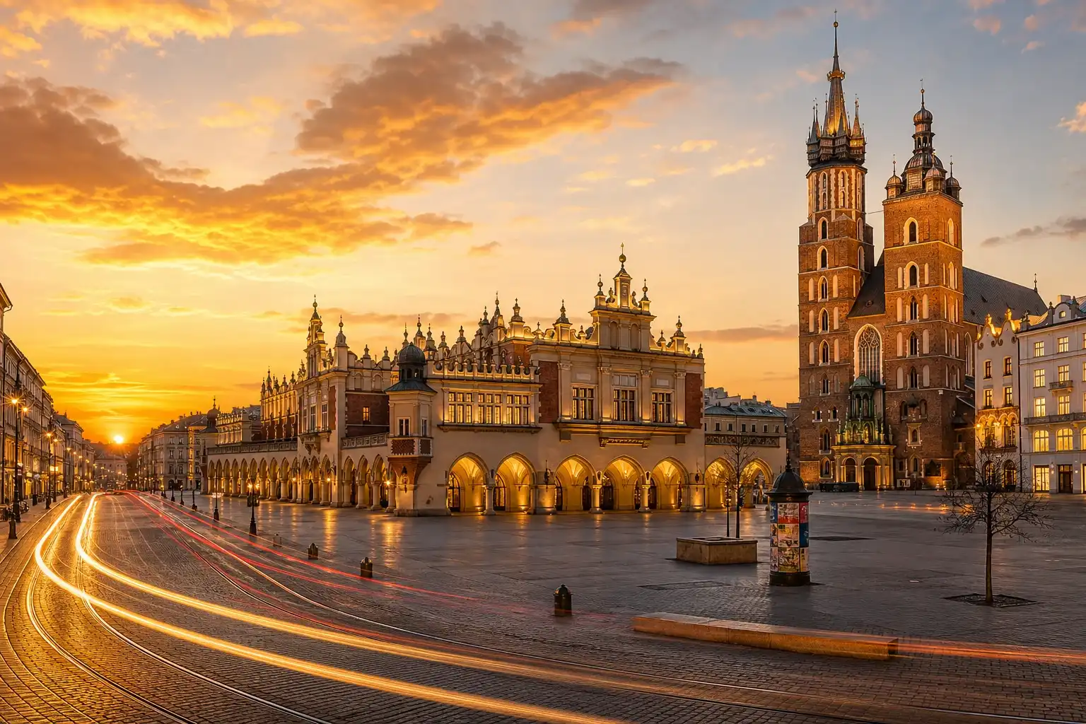 Krakow Main Market Square at dusk with St. Mary's Basilica illuminated