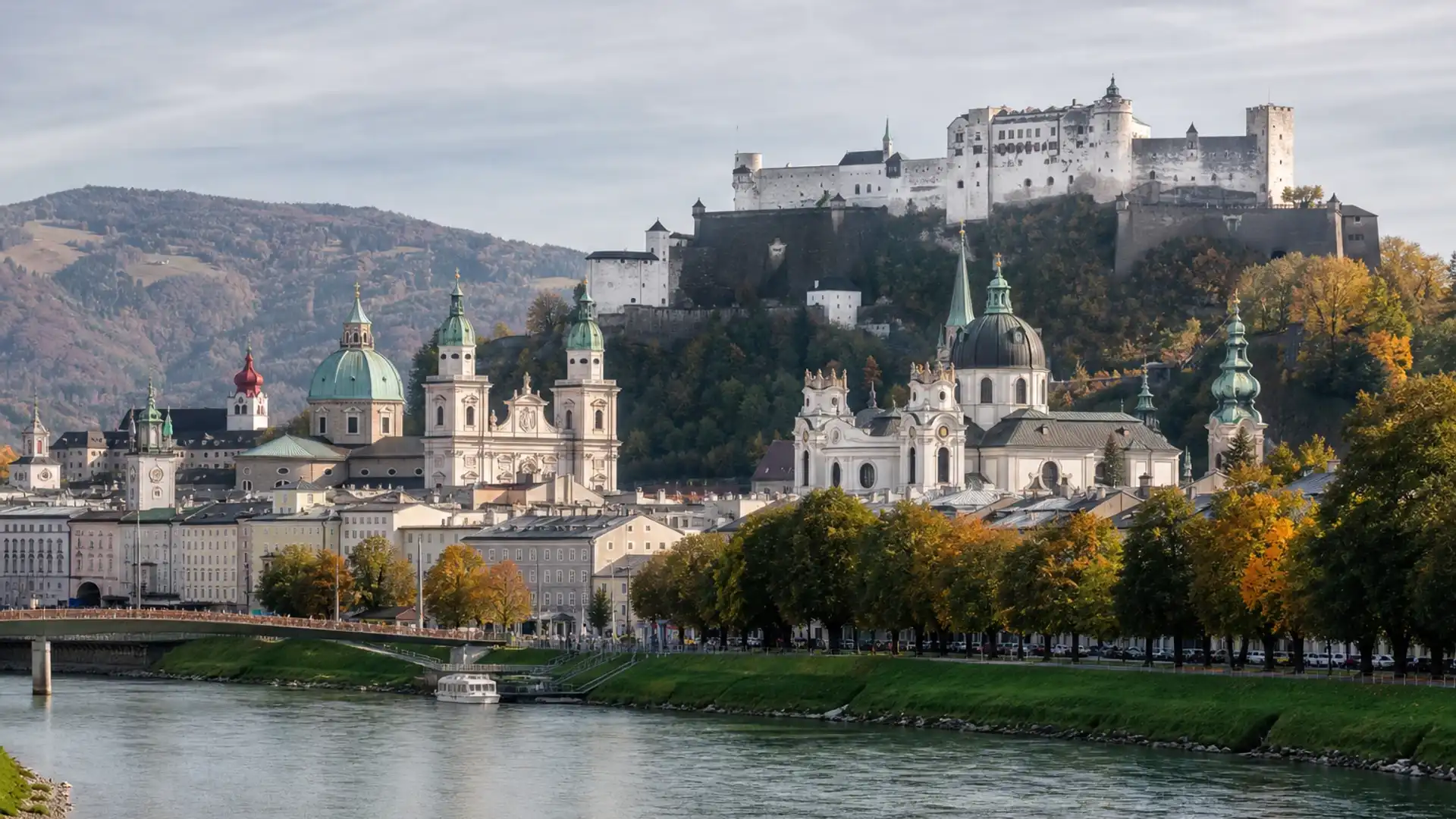 Salzburg Old Town and Hohensalzburg Fortress beside the Salzach River