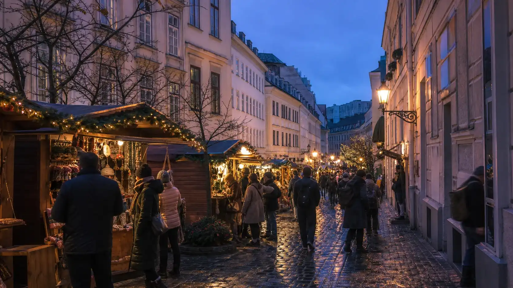 Christmas market stalls glowing along a Vienna street at blue hour