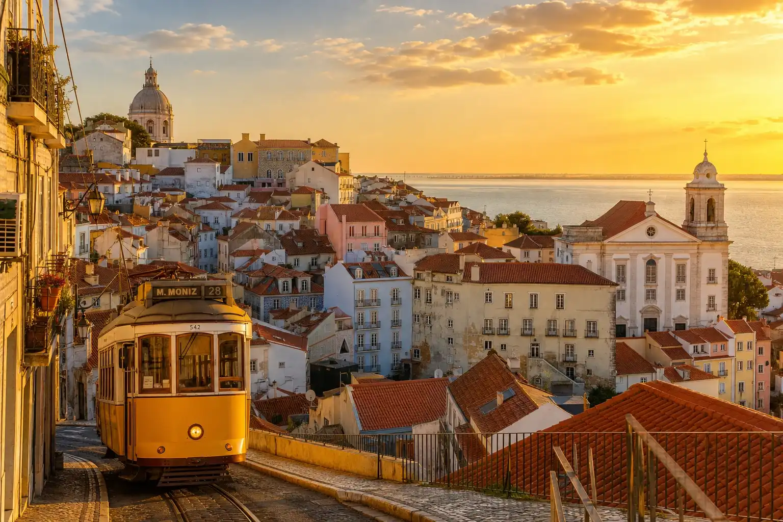 Lisbon Alfama district at golden hour overlooking the Tagus