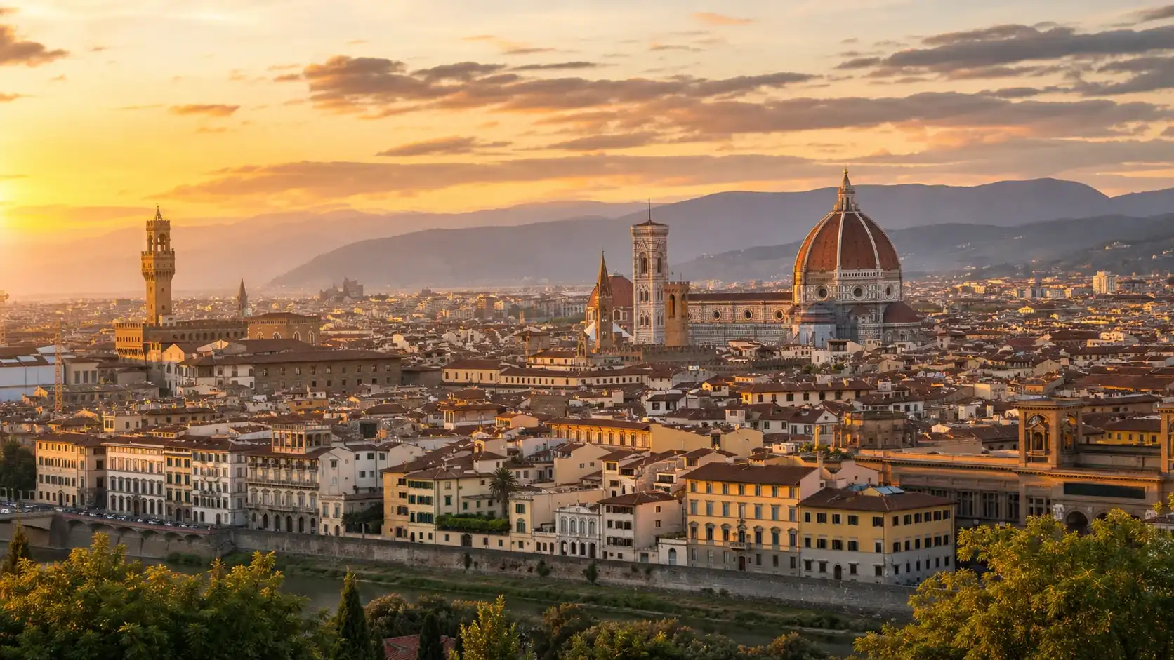Florence skyline from Piazzale Michelangelo with Brunelleschi's Dome at golden hour