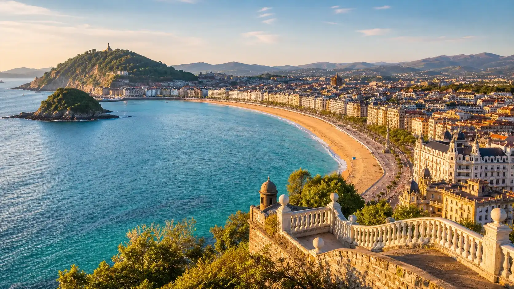 San Sebastian La Concha bay at golden hour from above