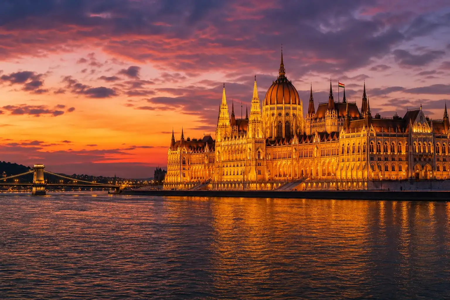 Hungarian Parliament Building lit at dusk along the Danube in Budapest