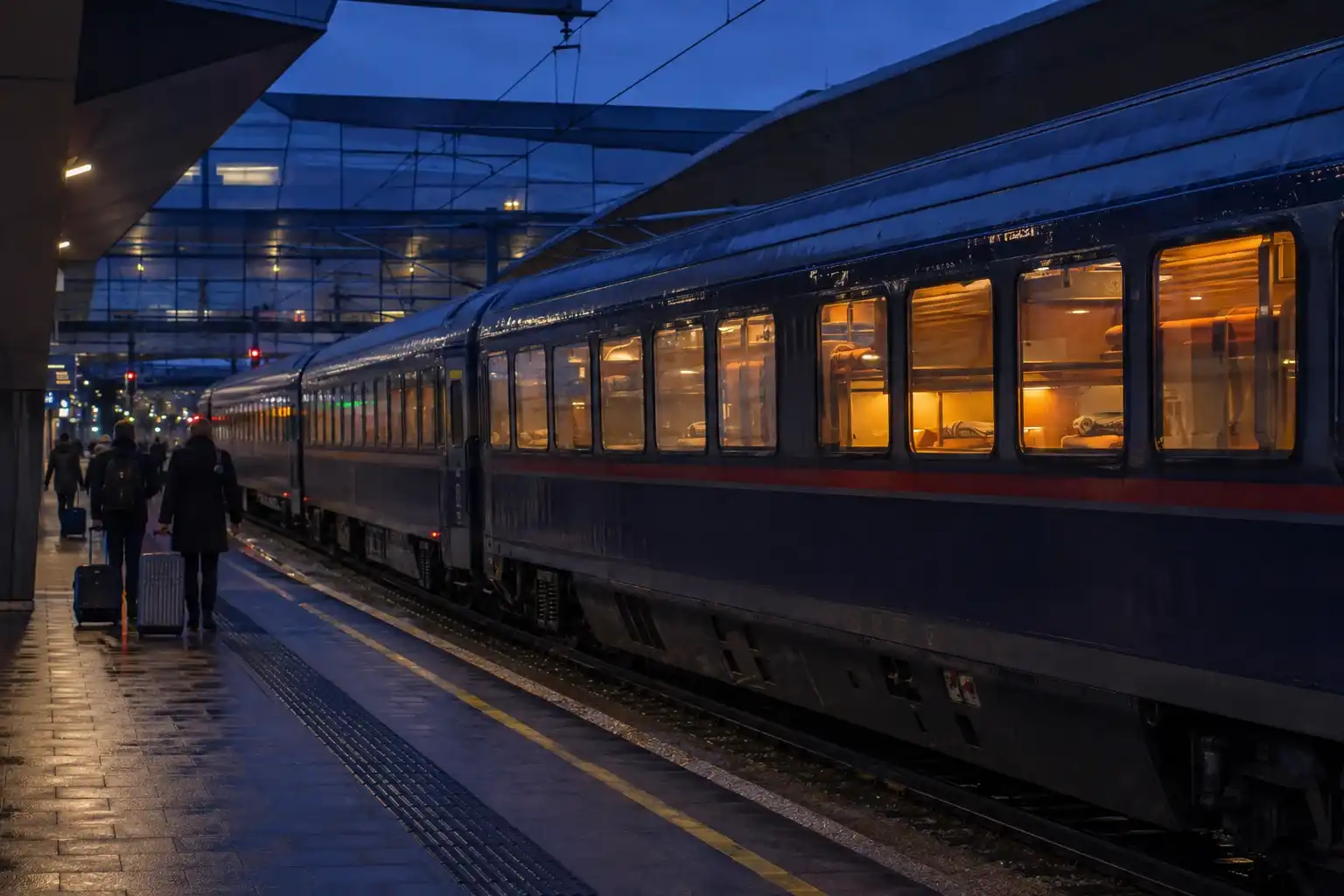 Travelers walking beside a European sleeper train at night
