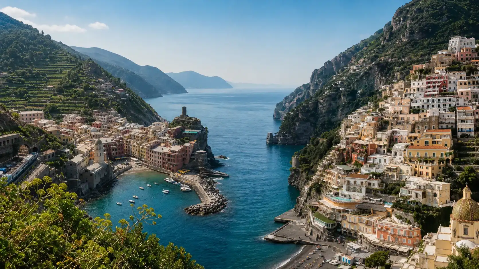 Comparison of Cinque Terre and the Amalfi Coast in a single coastal image