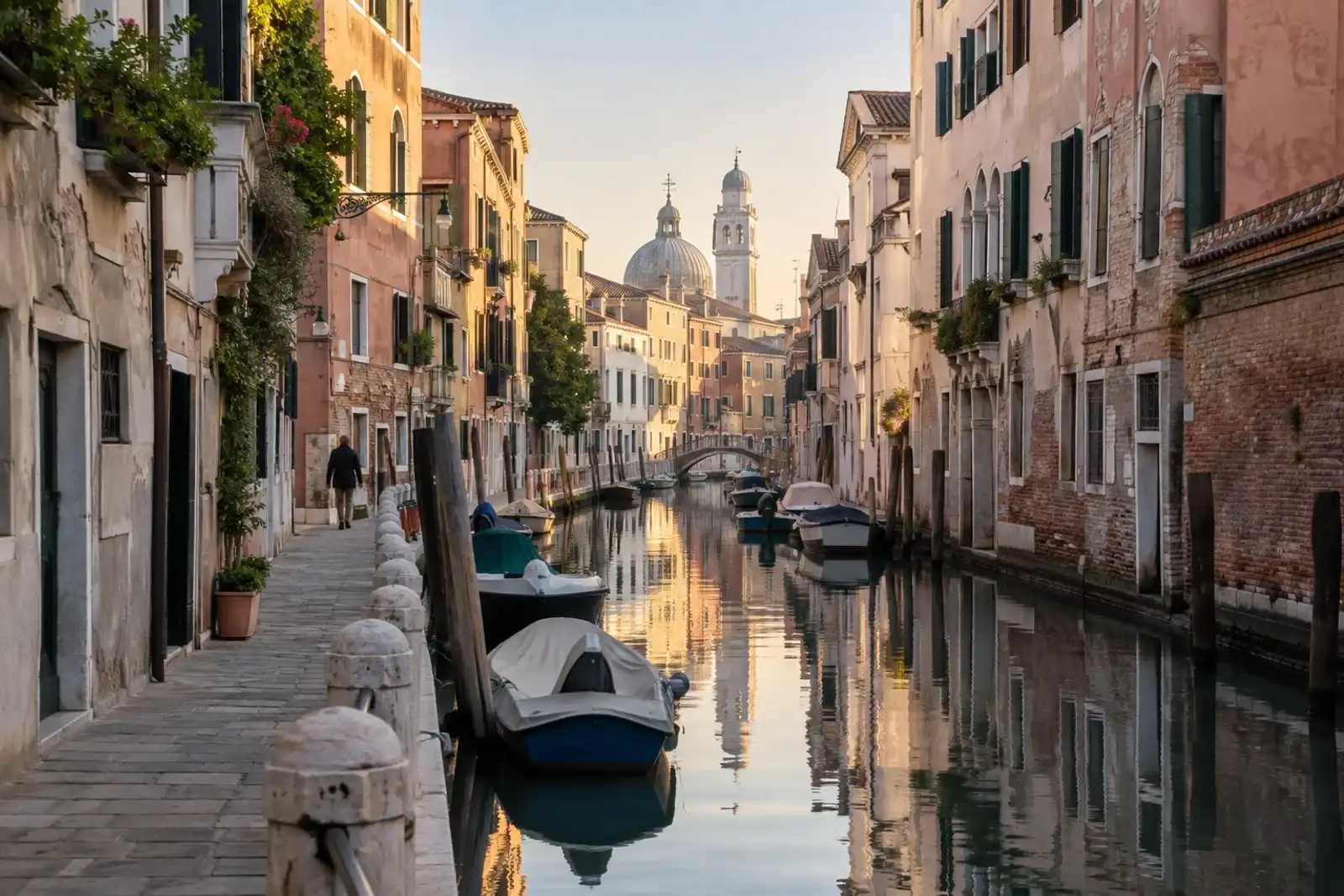 Quiet Venice canal with moored boats and warm morning reflections