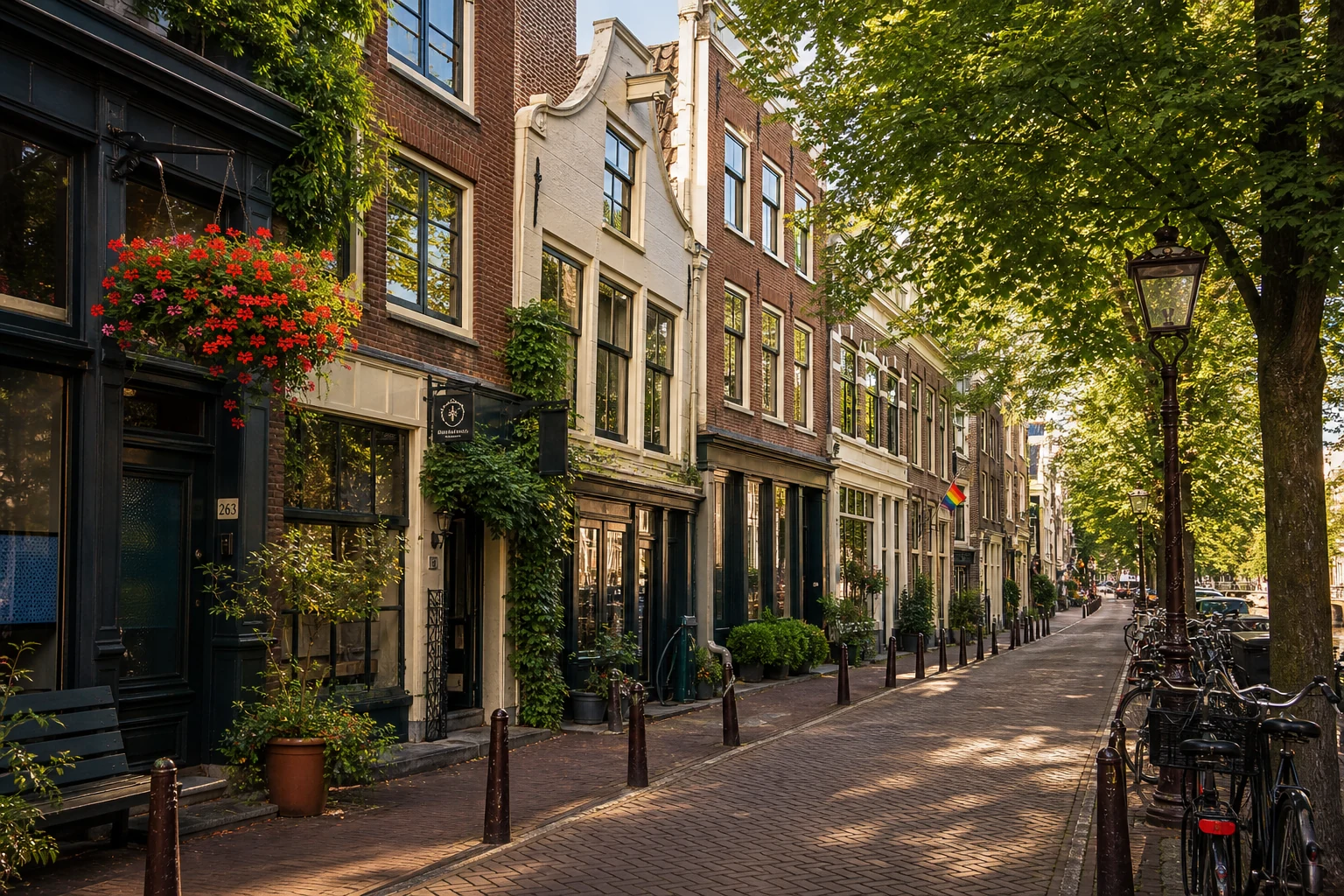 A narrow street in the Jordaan neighborhood, Amsterdam, with stepped-gable houses and independent shops