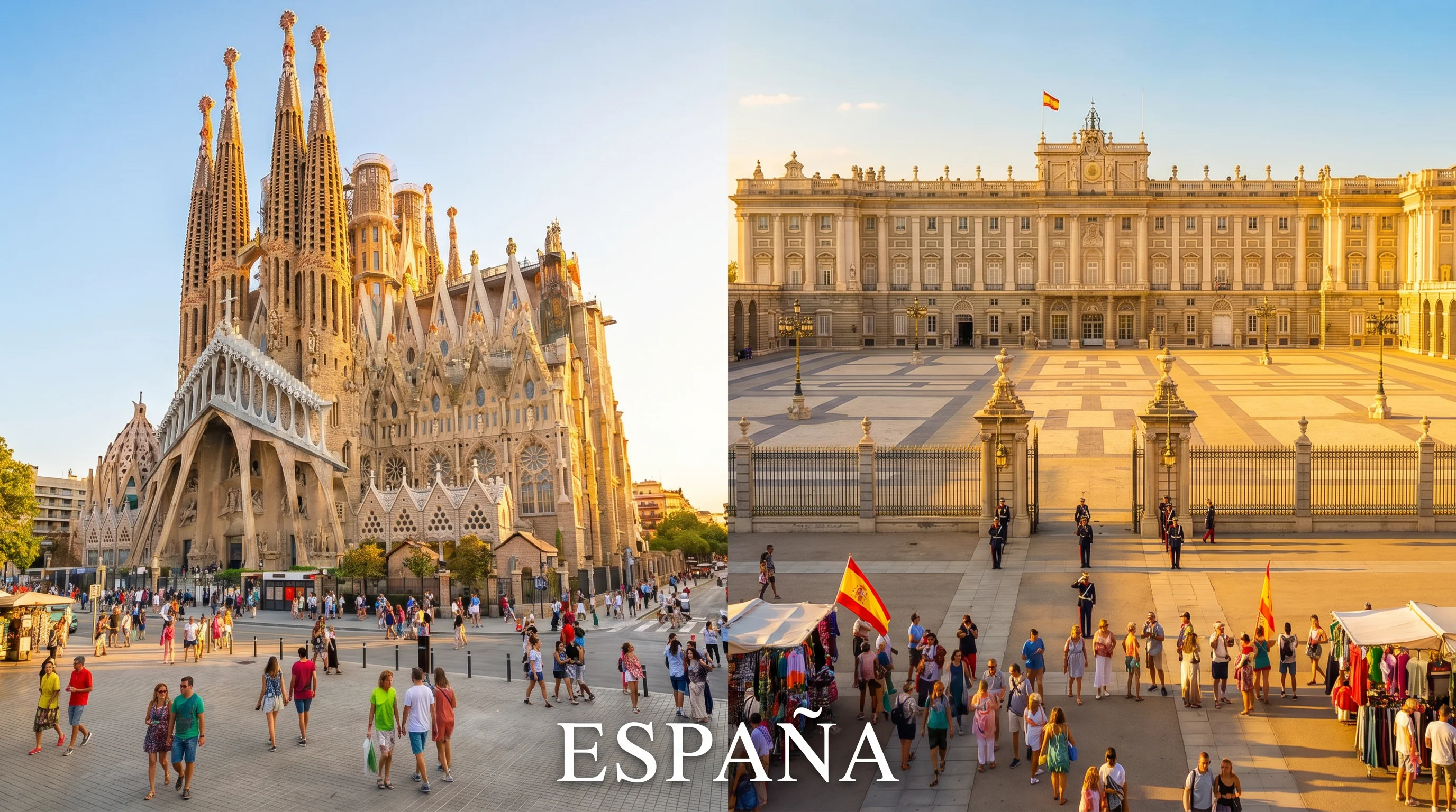 Warm Spanish city skyline representing Barcelona and Madrid at dusk