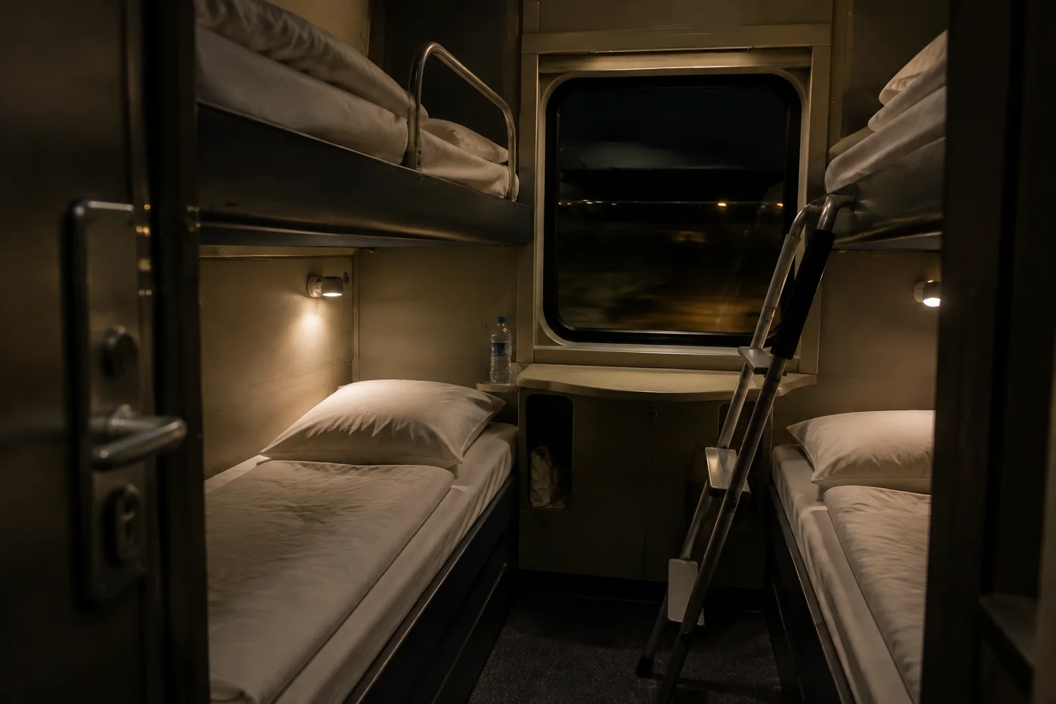 Two made-up bunks and warm reading lights inside a compact European sleeper cabin