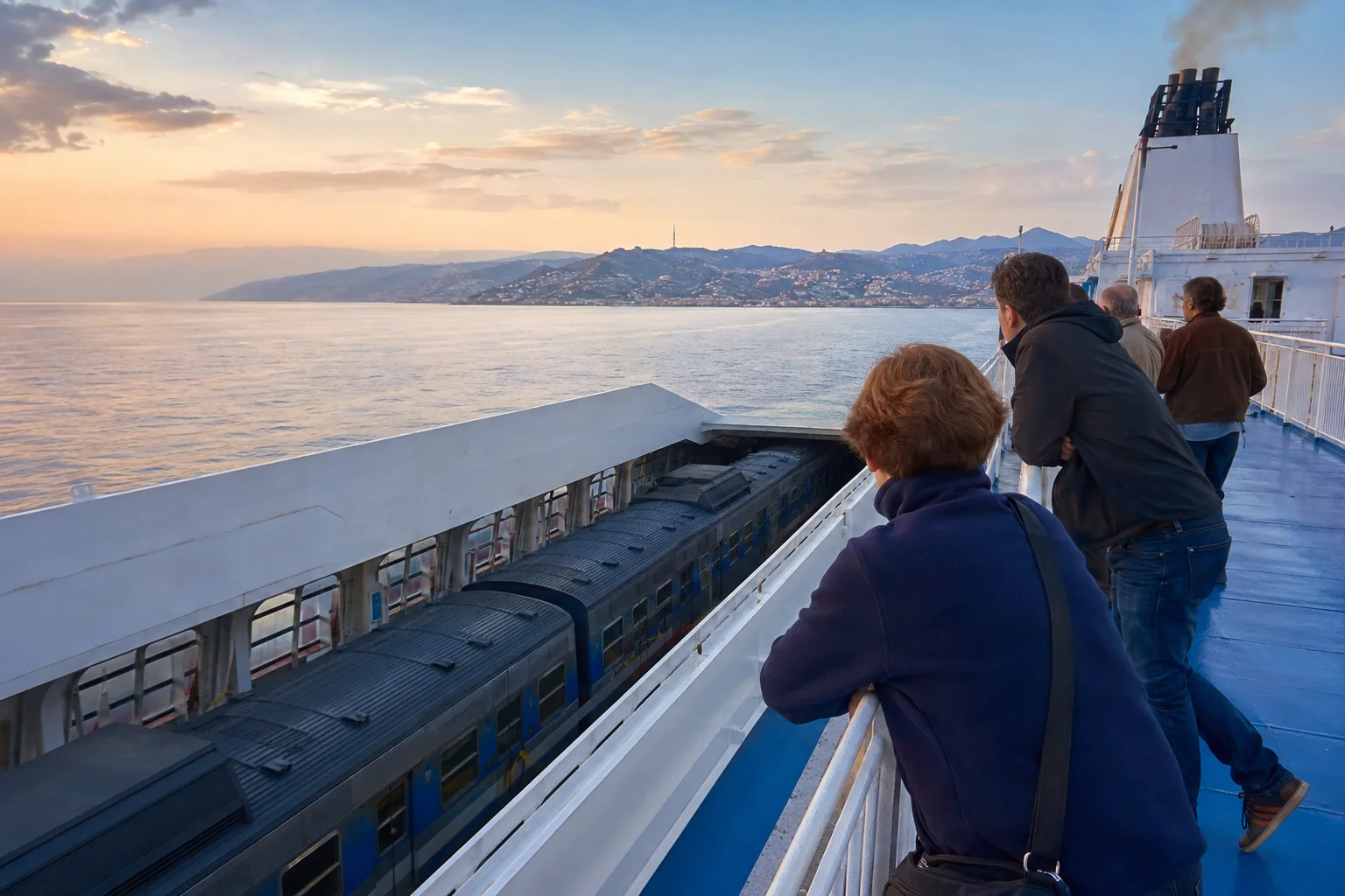 Passengers watching the Sicilian coast at dawn above train carriages carried on the Strait of Messina ferry