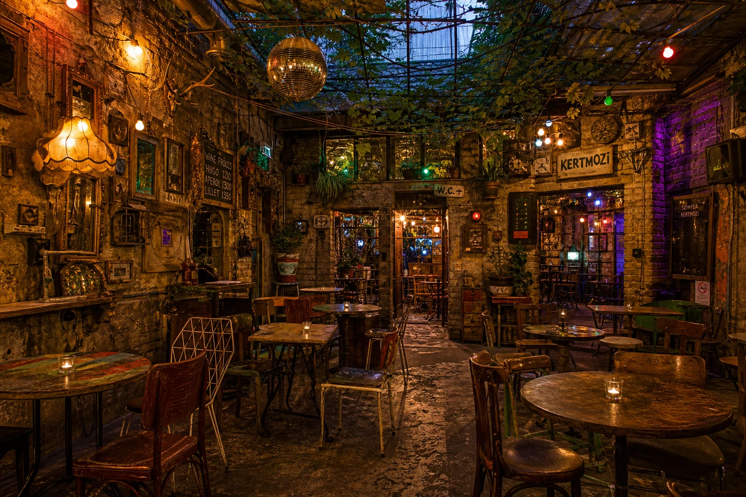 Szimpla Kert ruin bar courtyard in Budapest's Jewish Quarter, warm lighting and eclectic decor