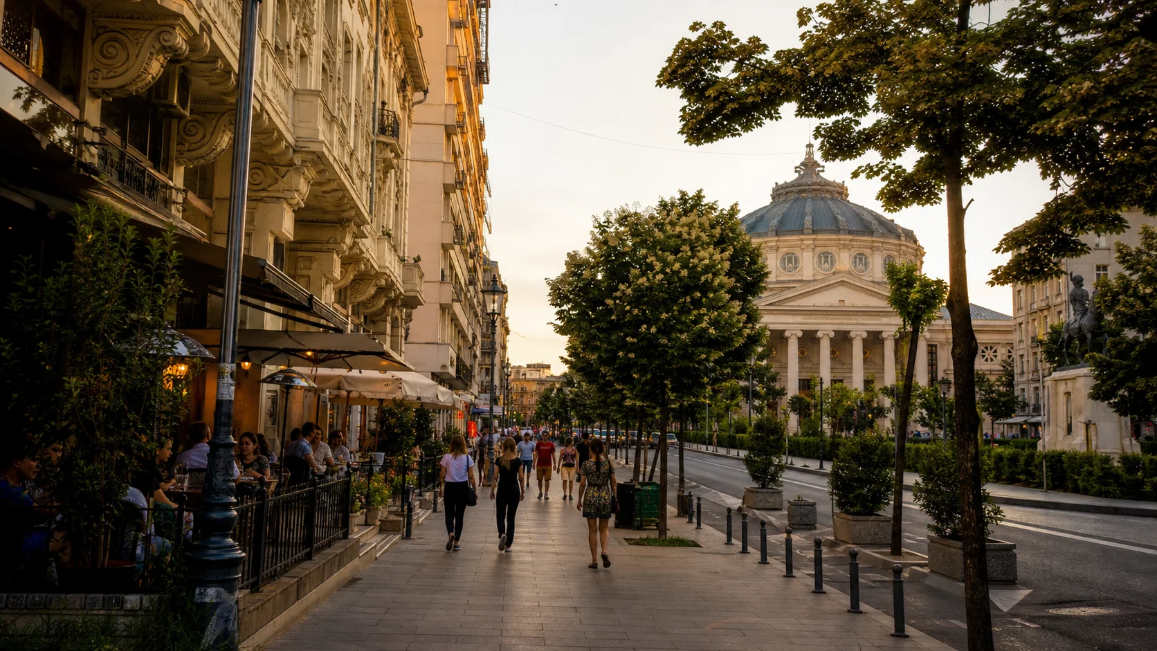 Blue-hour traffic and pedestrians on Bucharest's Calea Victoriei near the Romanian Athenaeum