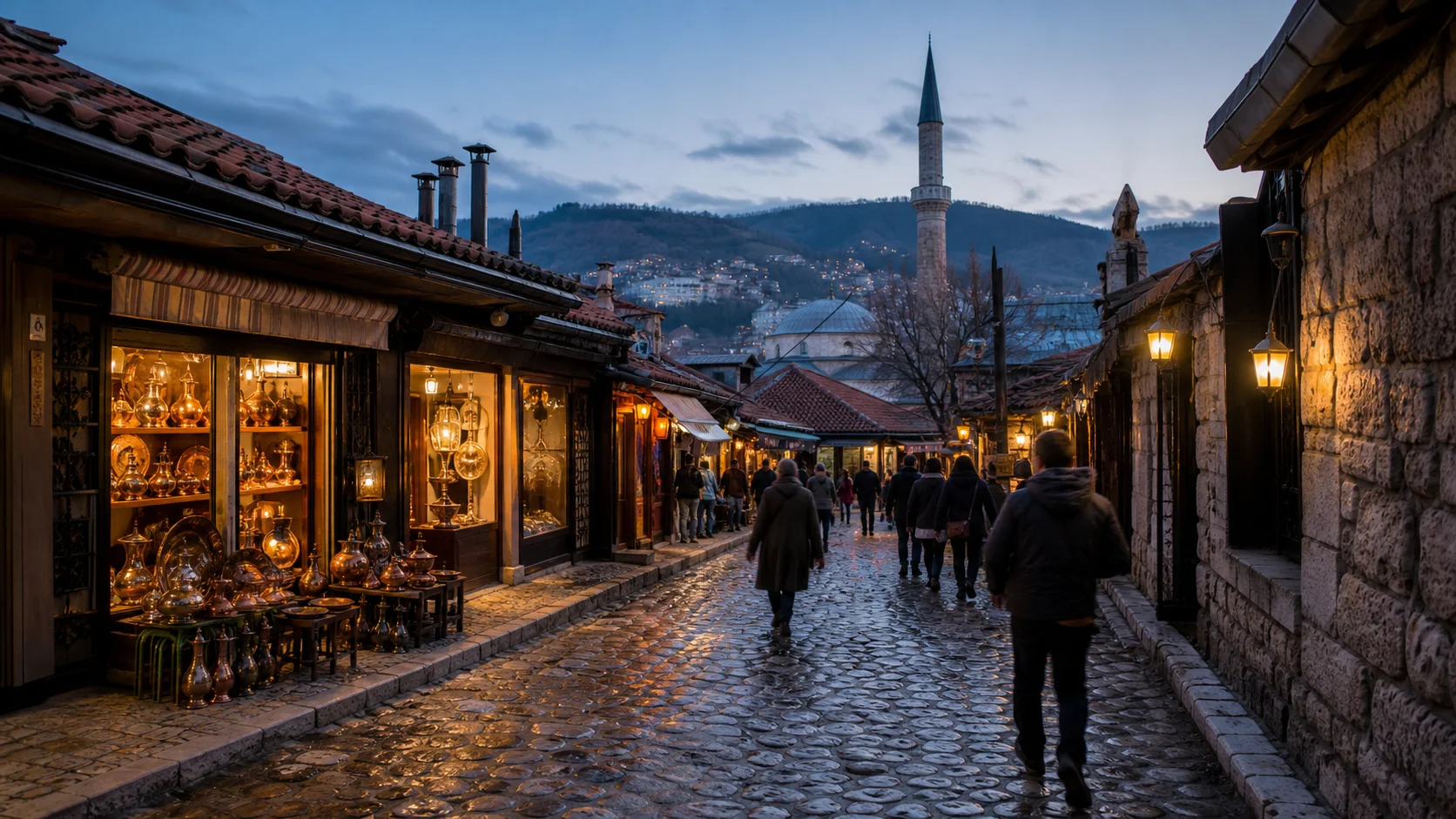 Sarajevo's Baščaršija lanes glowing beneath mountain silhouettes at blue hour