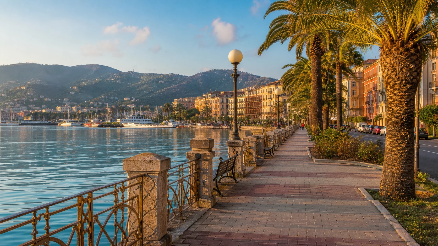 La Spezia seafront promenade along the Gulf of La Spezia in soft morning light