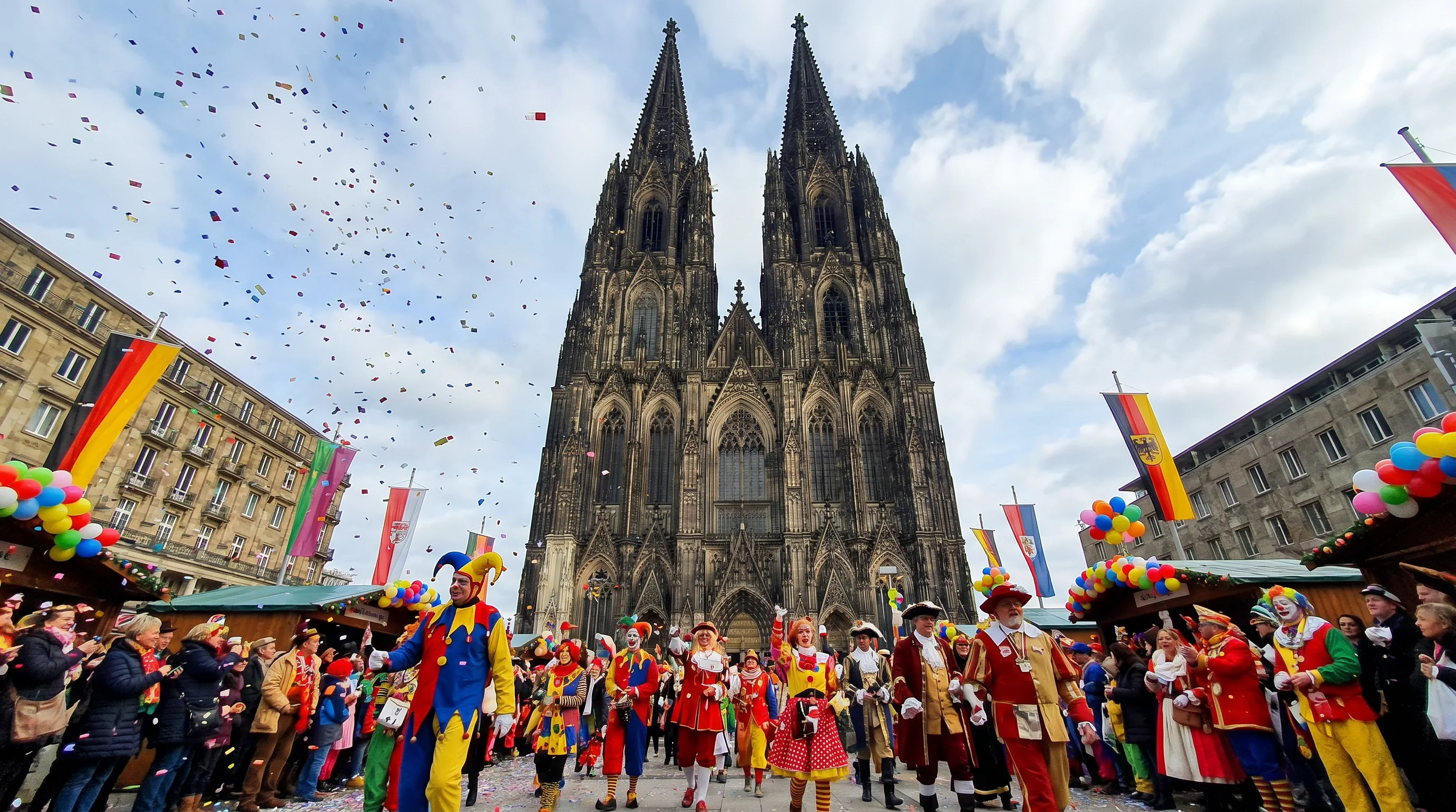 Cologne carnival crowds and costumes near the cathedral