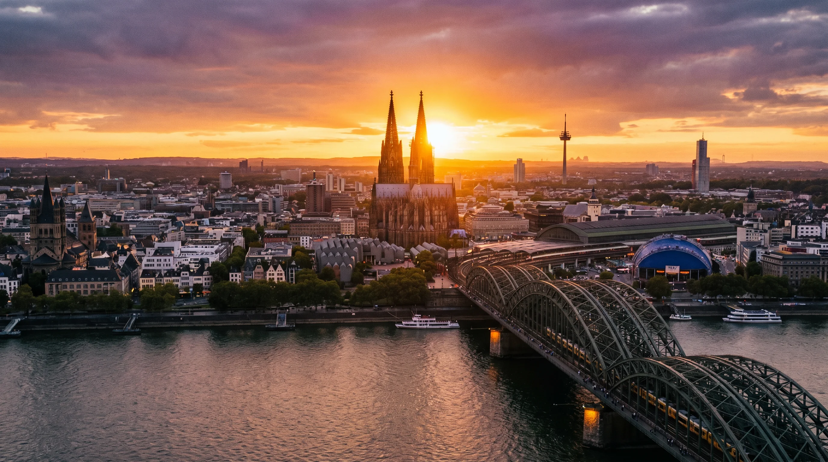 Cologne Cathedral rising above the Rhine at sunset