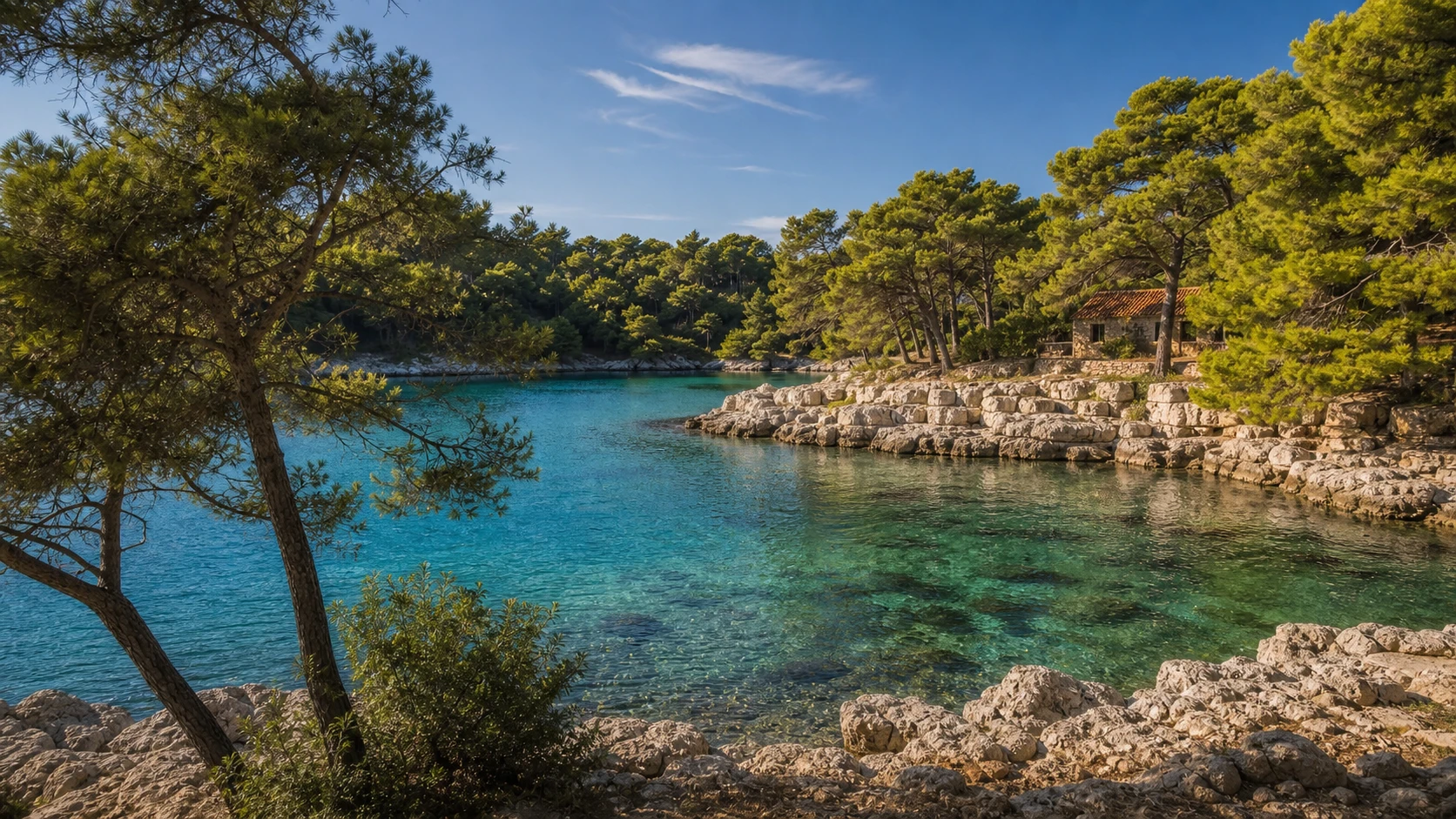 Lokrum Island saltwater lake surrounded by pine trees and pale limestone rock