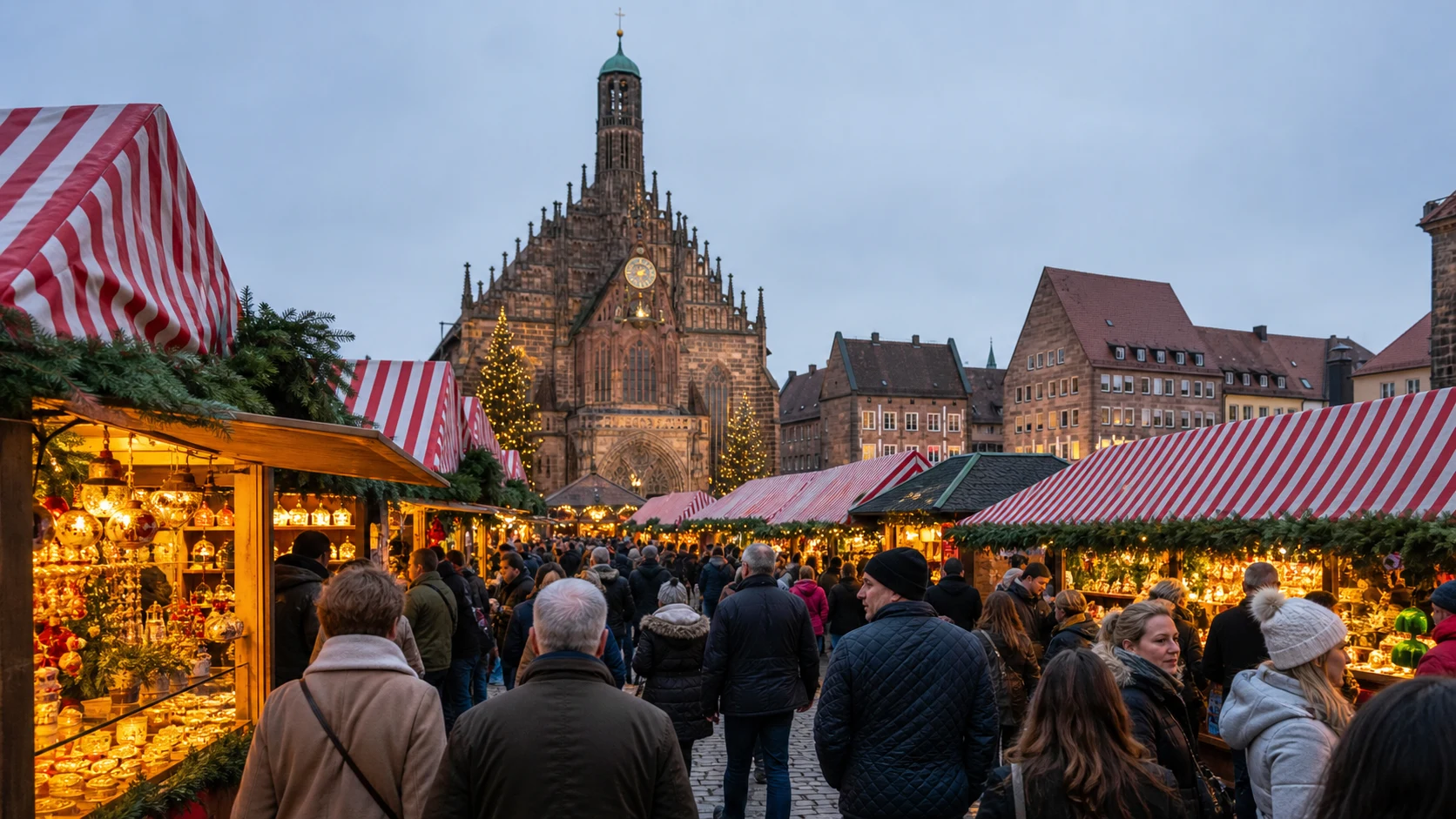 Red-and-white Christmas market stalls beneath the Frauenkirche in Nuremberg