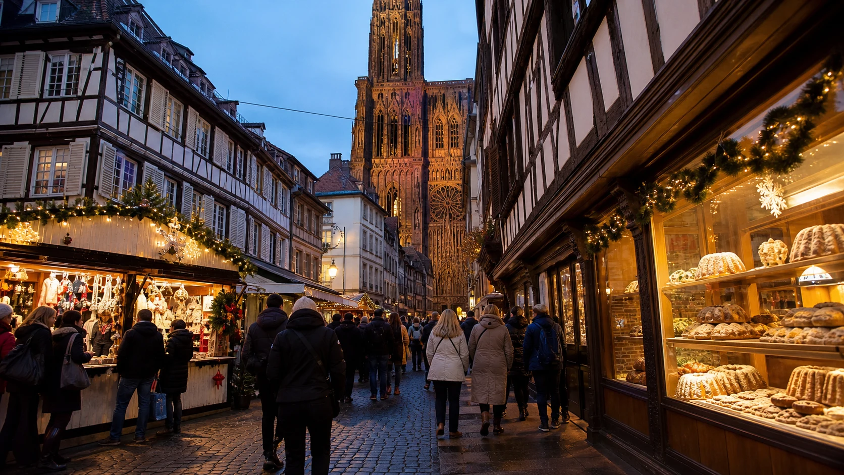 Christmas market stalls and bakery windows on a historic Strasbourg lane beneath the cathedral