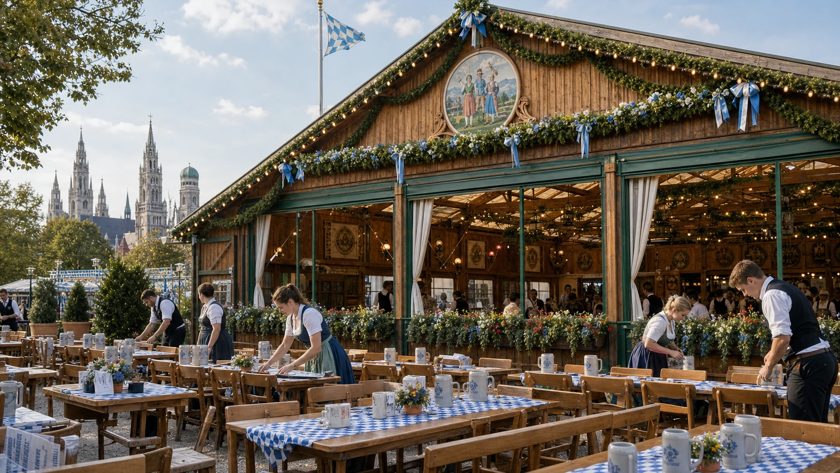 Munich Oktoberfest grounds at dusk with illuminated tents and visitors walking between them