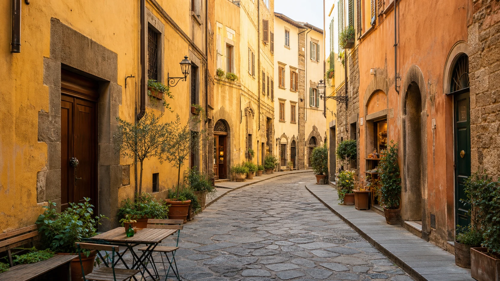 Warm stone lane in Florence with small tables, plants, and shuttered buildings