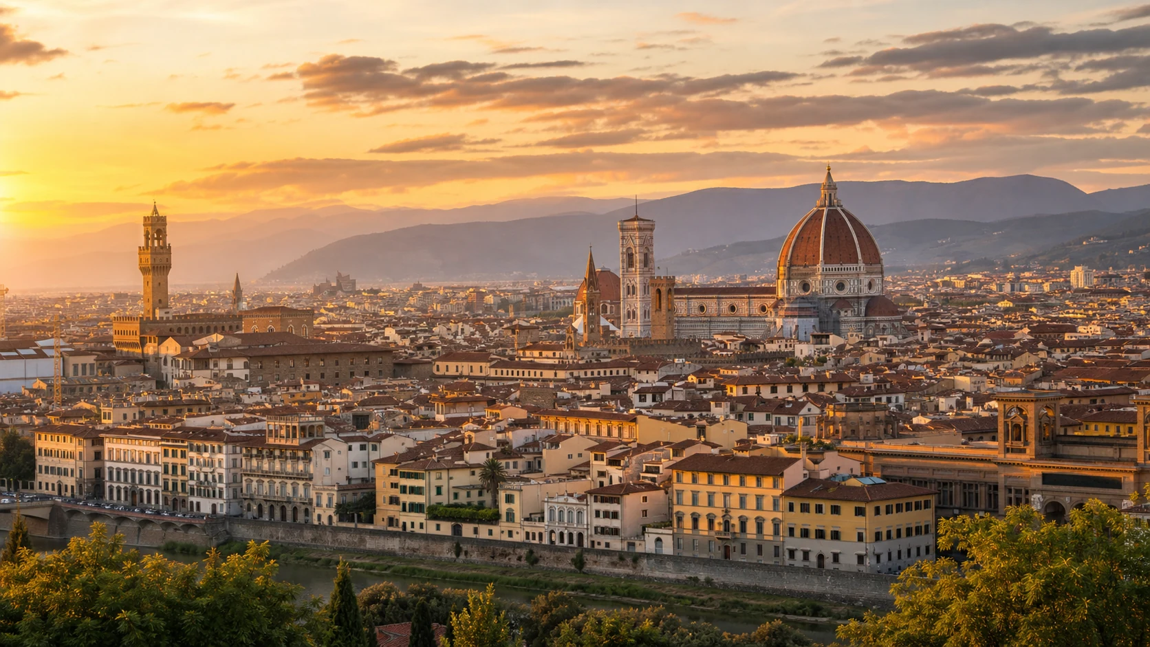 Florence skyline panorama from Piazzale Michelangelo with Brunelleschi's Dome at golden hour