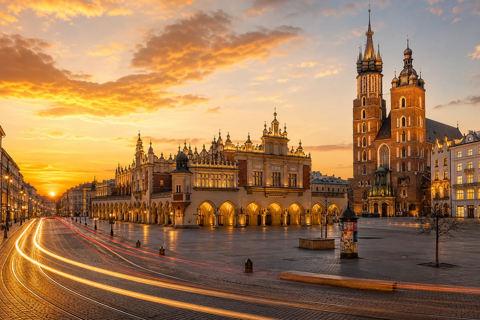 Krakow's Main Market Square at golden hour with the Cloth Hall and St Mary's Basilica