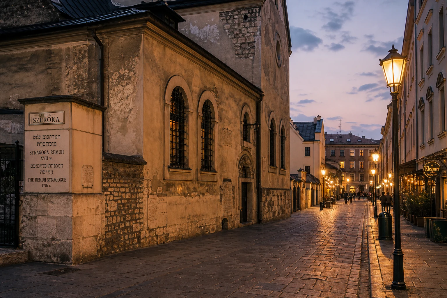 Szeroka Street in Kazimierz, Krakow, at dusk with the Old Synagogue facade