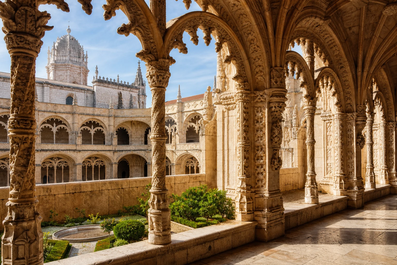 Jeronimos Monastery cloister in Belem, Lisbon, with carved stone arches around a garden courtyard