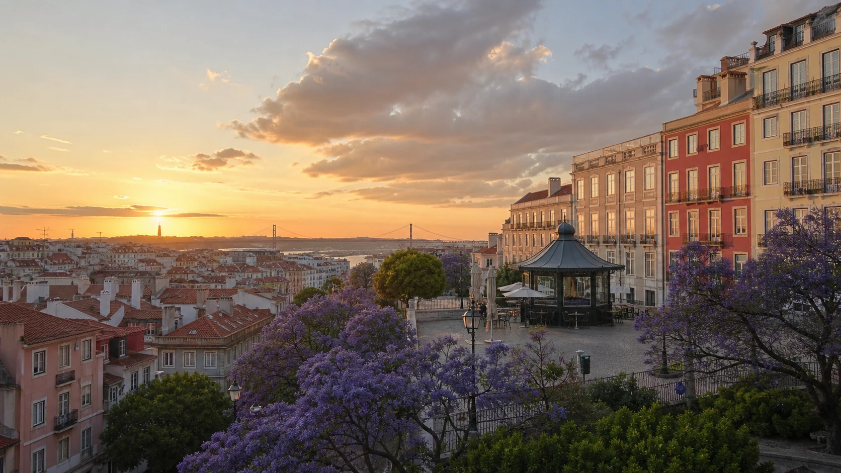 Principe Real in Lisbon at golden hour with jacaranda trees, elegant facades, and a city view toward the Tagus