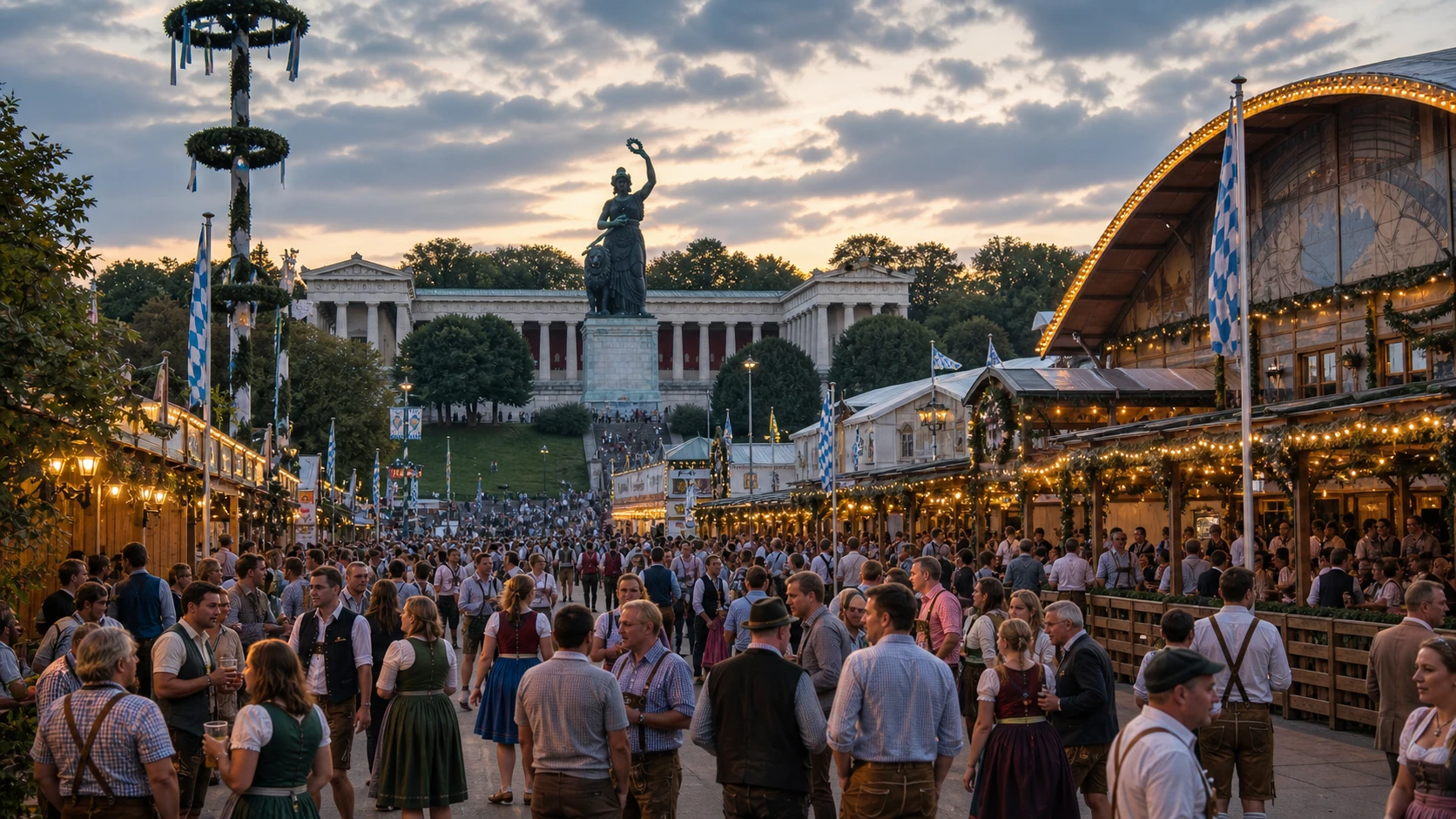 Oktoberfest tent exterior in Munich with tables being set before service and wooden beer steins arranged across the seating area