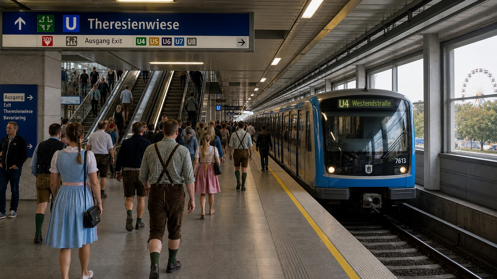 Crowded but orderly Munich U-Bahn platform at Theresienwiese with festival visitors walking beside an arriving blue subway train