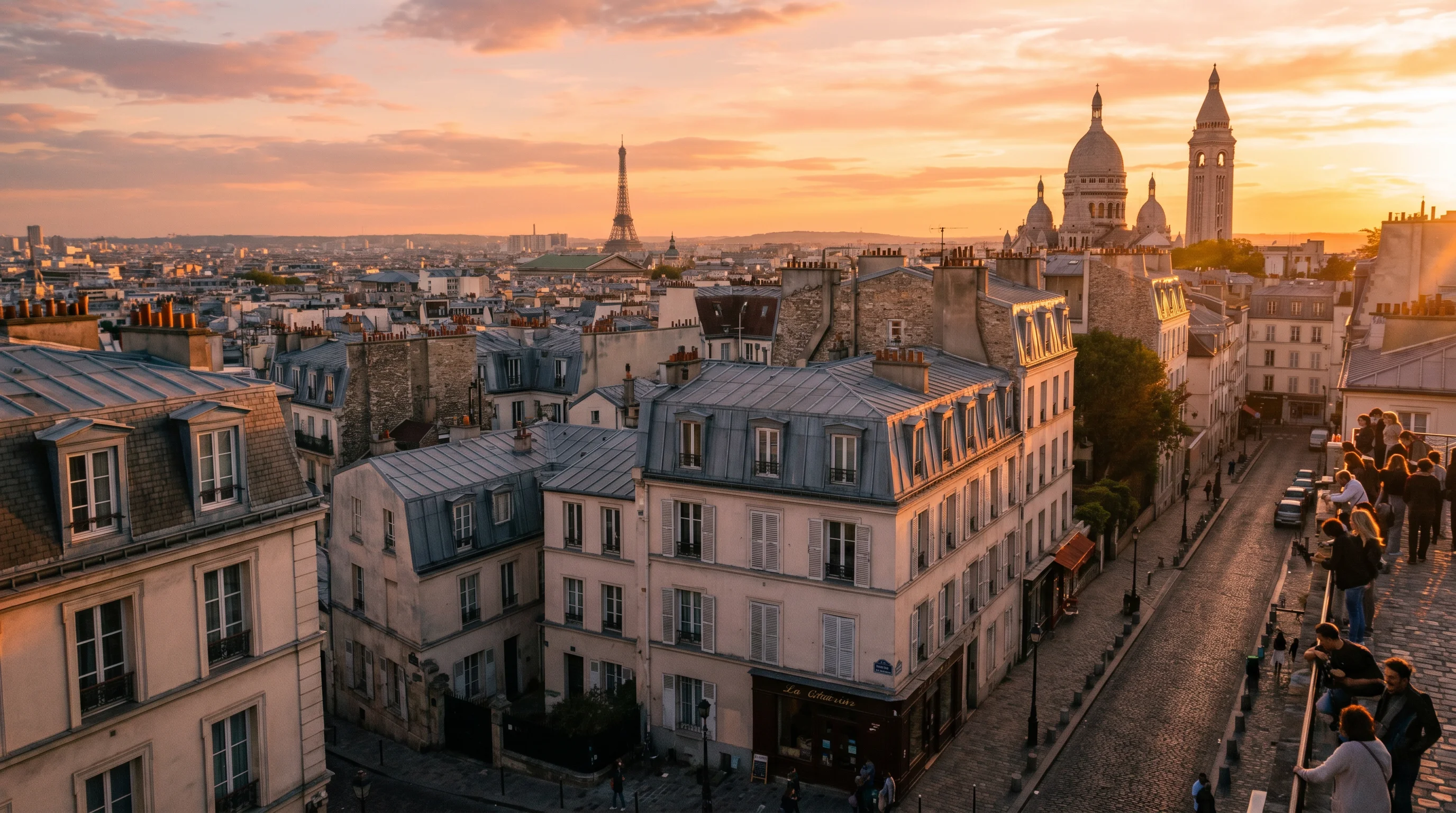 Paris rooftops at sunset with the Eiffel Tower in the distance