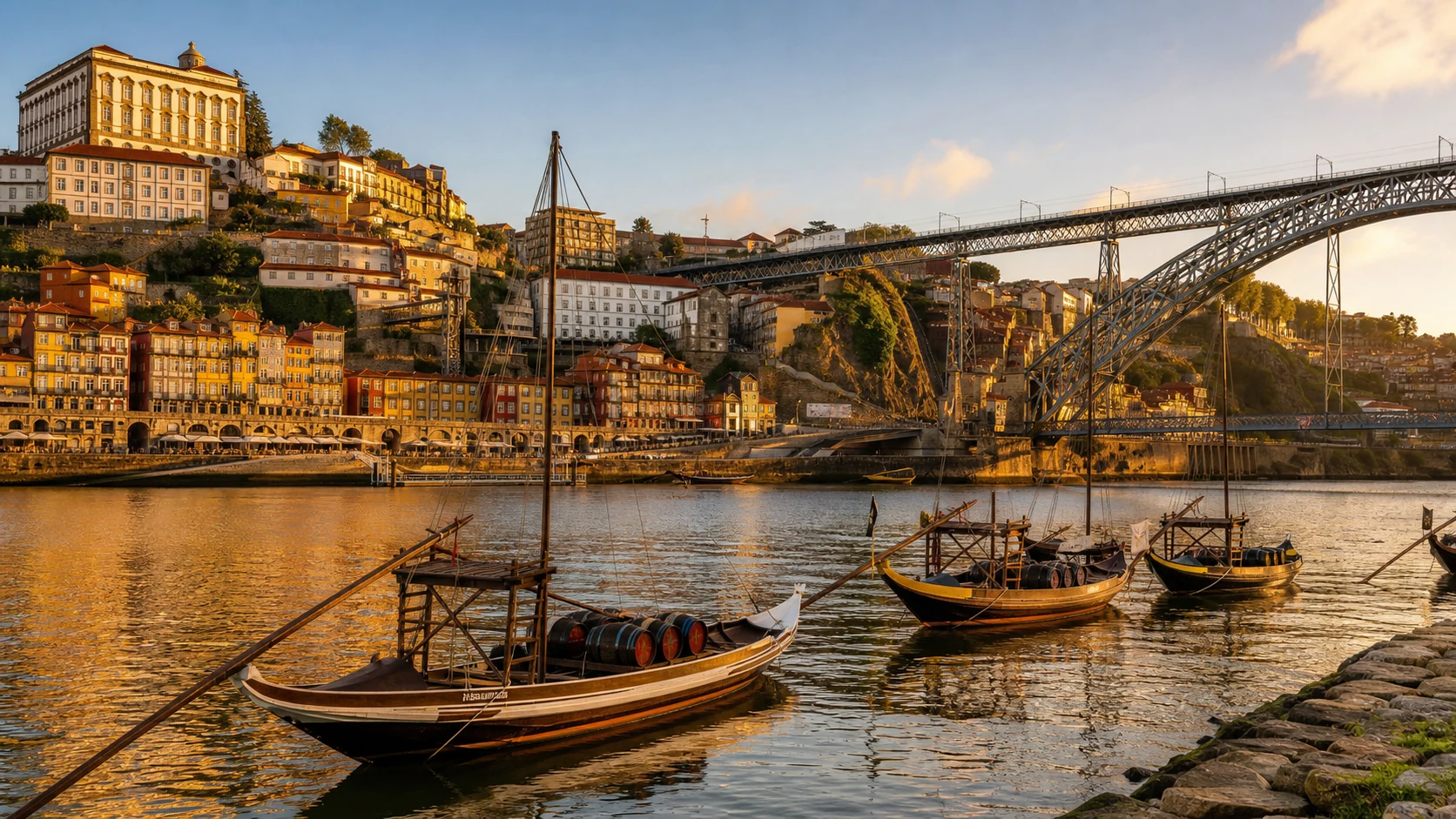 Porto's Cais da Ribeira waterfront at golden hour with Dom Luis I bridge and traditional rabelo boats