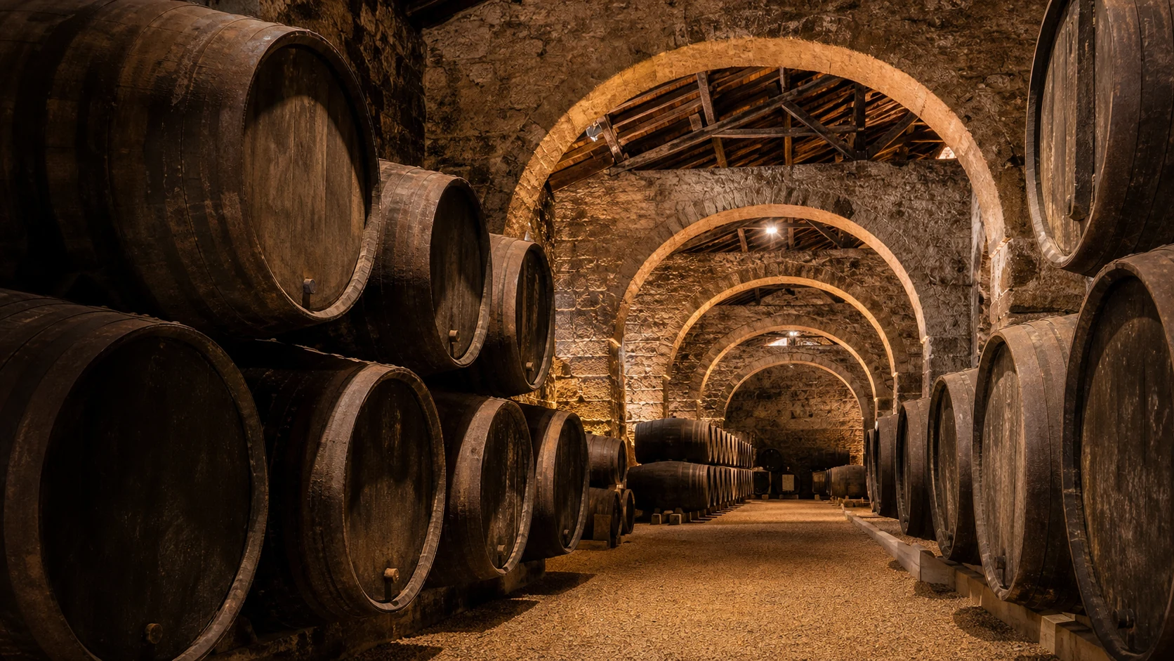 Interior of a port wine aging cellar in Vila Nova de Gaia with rows of oak barrels in vaulted stone warehouse