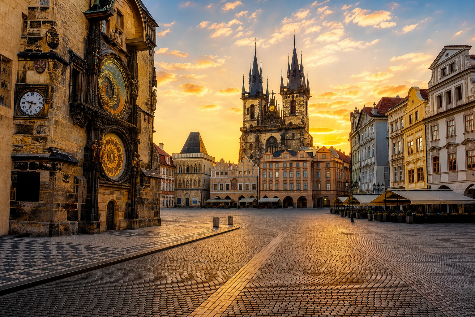 Prague Old Town Square at golden hour with the astronomical clock tower